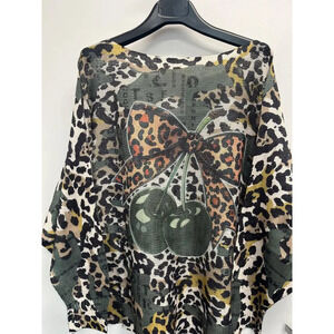 L48 Loowie Olive Leopard Bow Round Knit Printed Sweater One Size